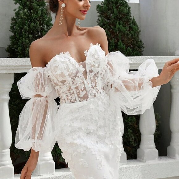 White Preppy Womens One Shoulder Back Tie Dress w/ Floral Fabric And Mesh Skirt - Picture 4 of 5